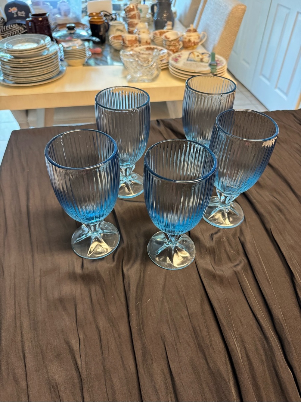 Set of 5 Blue Ribbed Stemmed Drinking Glasses